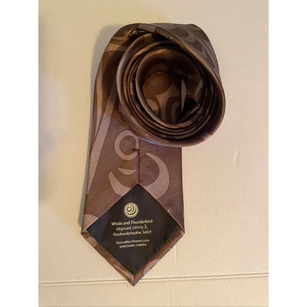 Native Northwest Whale and Thunderbird Brown Silk Tie Maynard Johnny Jr Salish